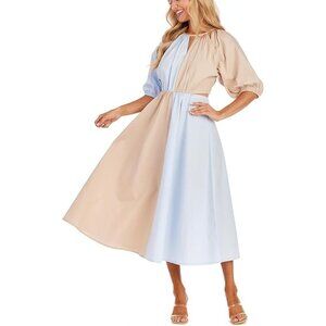 NWT Mud Pie Hutton Cut Out Midi Dress Blue Color Block Size L Cotton Summer